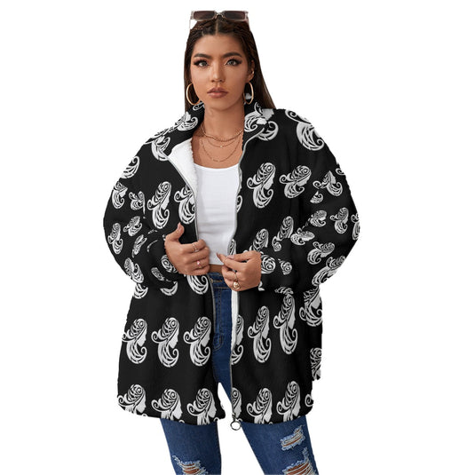 All-Over Print Unisex Borg Fleece Stand-up Collar Coat With Zipper Closure(Plus Size)