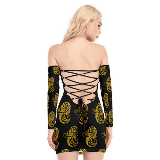 All-Over Print Women's Off-shoulder Back Lace-up Dress - Emotional by Vante
