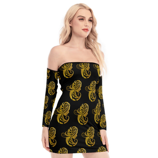 All-Over Print Women's Off-shoulder Back Lace-up Dress - Emotional by Vante