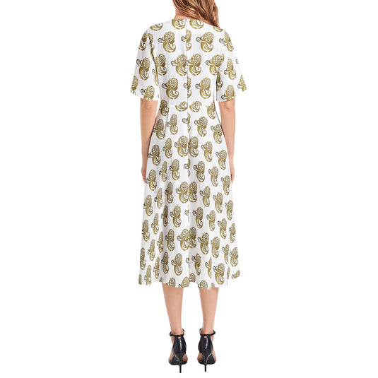 Short Sleeve Waist Folding Midi Dress - Emotional by Vante